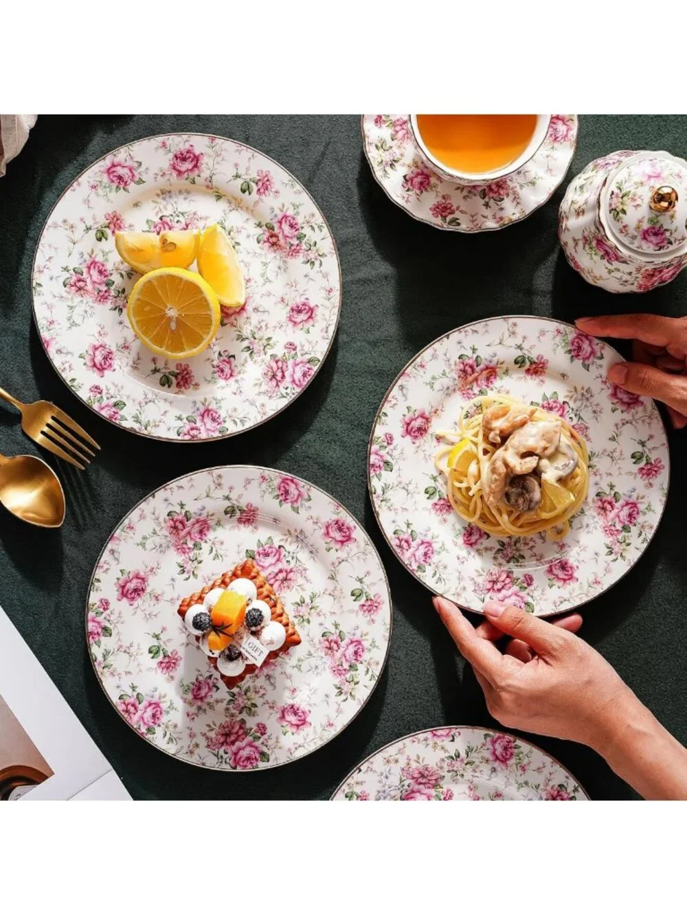 Floral Porcelain Plates Set of 4 | 8in Round Appetizer & Dessert Plates